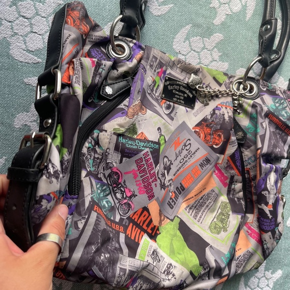 HARLEY DAVIDSON Multicolor Black Leather Top Handle Satchel Motorcycle Graphics - Picture 9 of 12